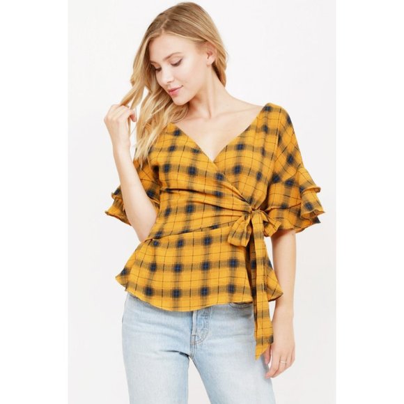 Mustard Plaid Check Ruffle Sleeves Wrap Tie Blouse - Picture 7 of 10